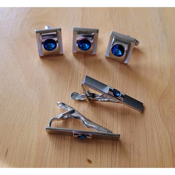 Other - Set Of Three Foster Silver Cufflinks With 2 Matching Tie Pins With Deep Blue